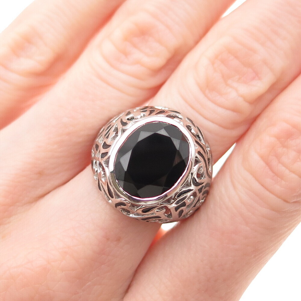 925 Sterling Silver Vintage Real Black Spinel Floral Ornate Ring Size 7.5